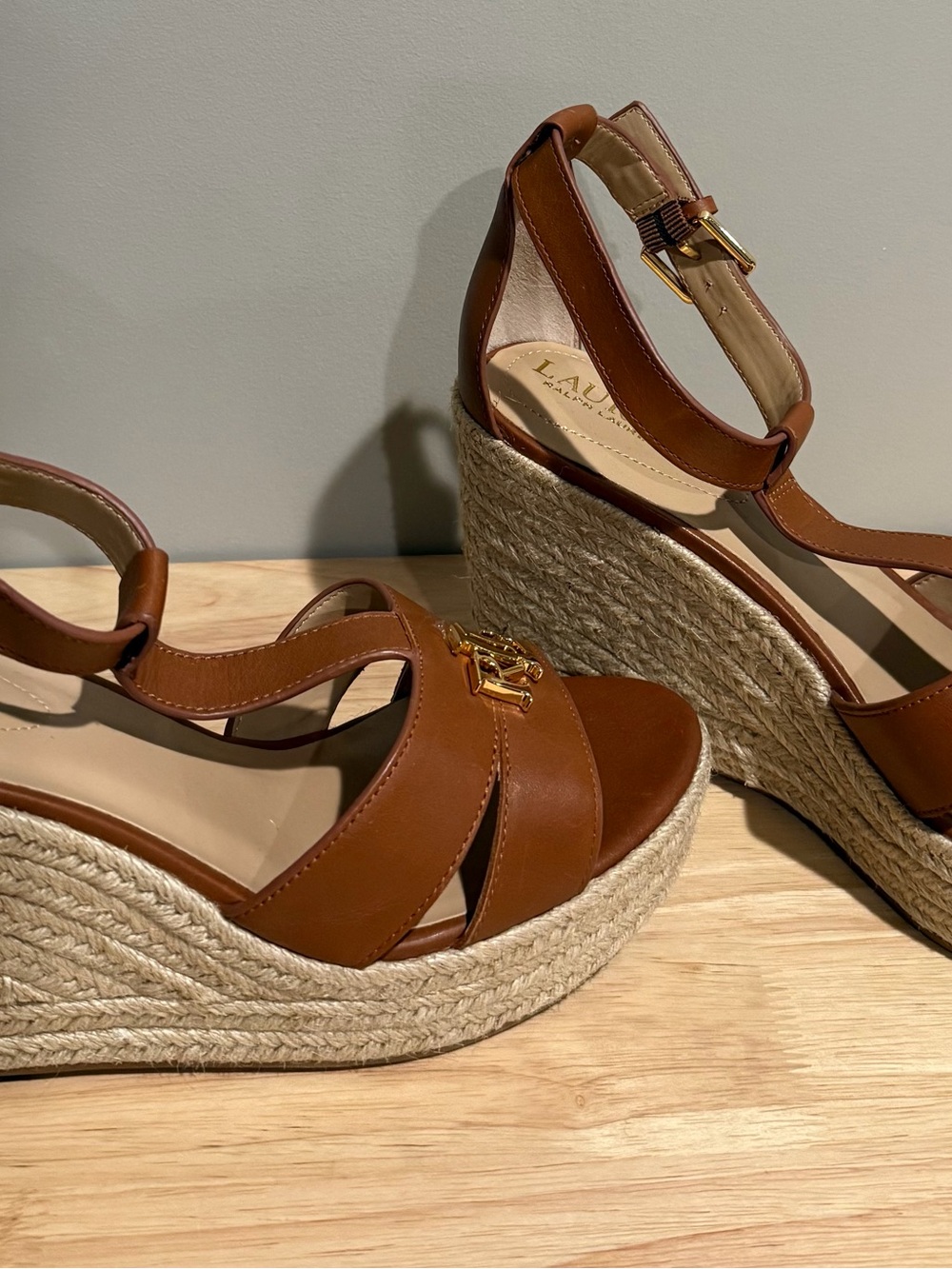 Lauren Ralph Lauren Cognac Leather Espadrille Wedge Sandals